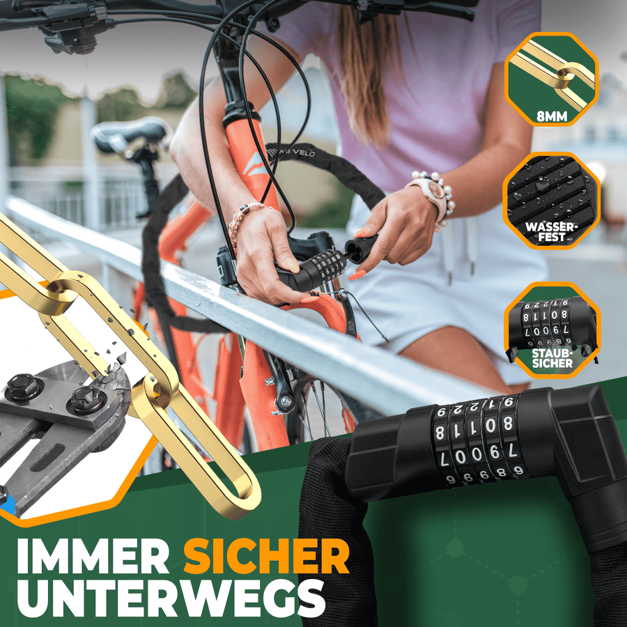 MIVELO Fahrradkettenschloss - Mit Zahlencode - 100 cm - Karbonstahl - Wasserfest - Schwarz