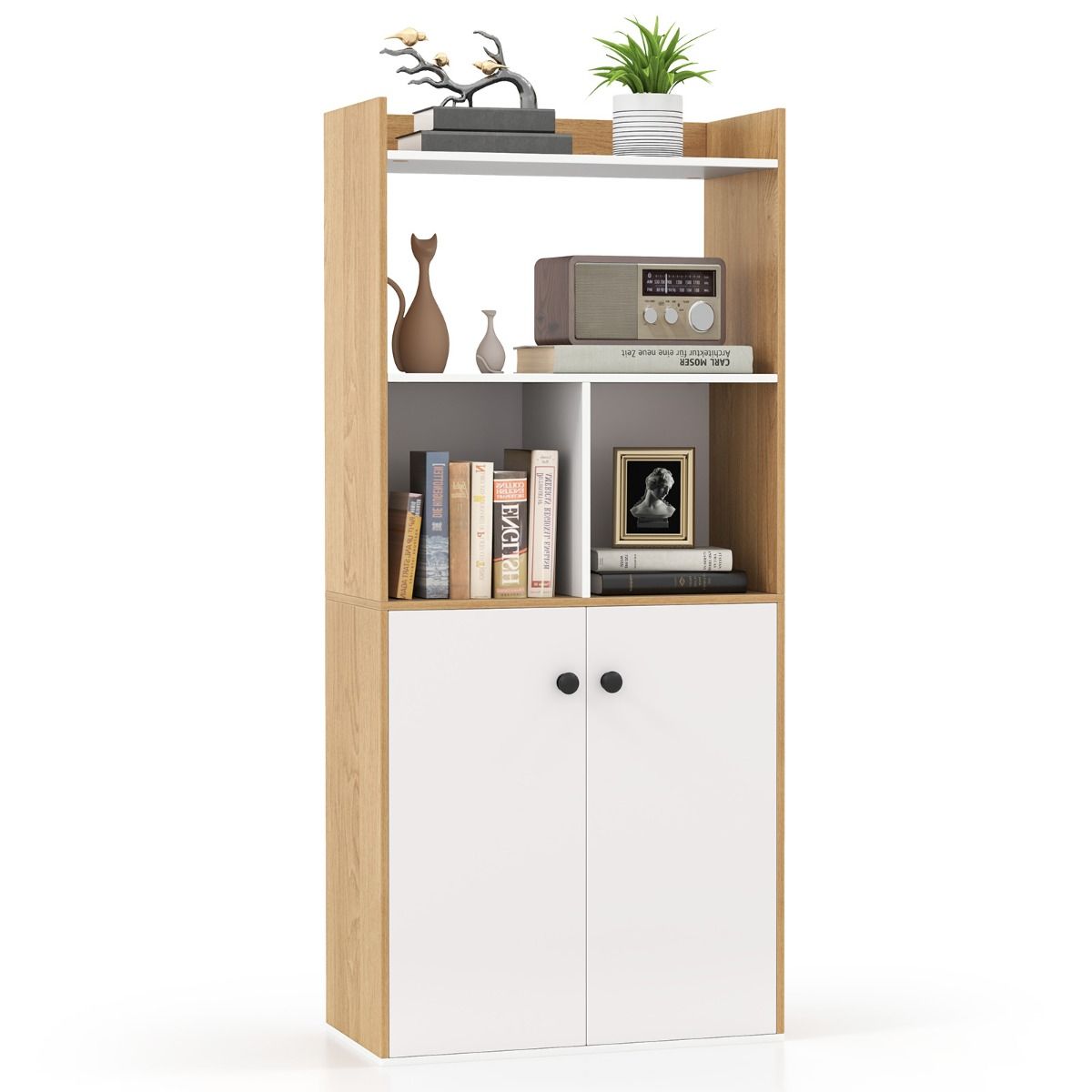 Coast Bücherregal mit Doppeltürschrank - Weiß & Natur - 3 Etagen hoher Regalboden - Freistehende Aufbewahrungsmöbel - 60 x 30 x 133 cm