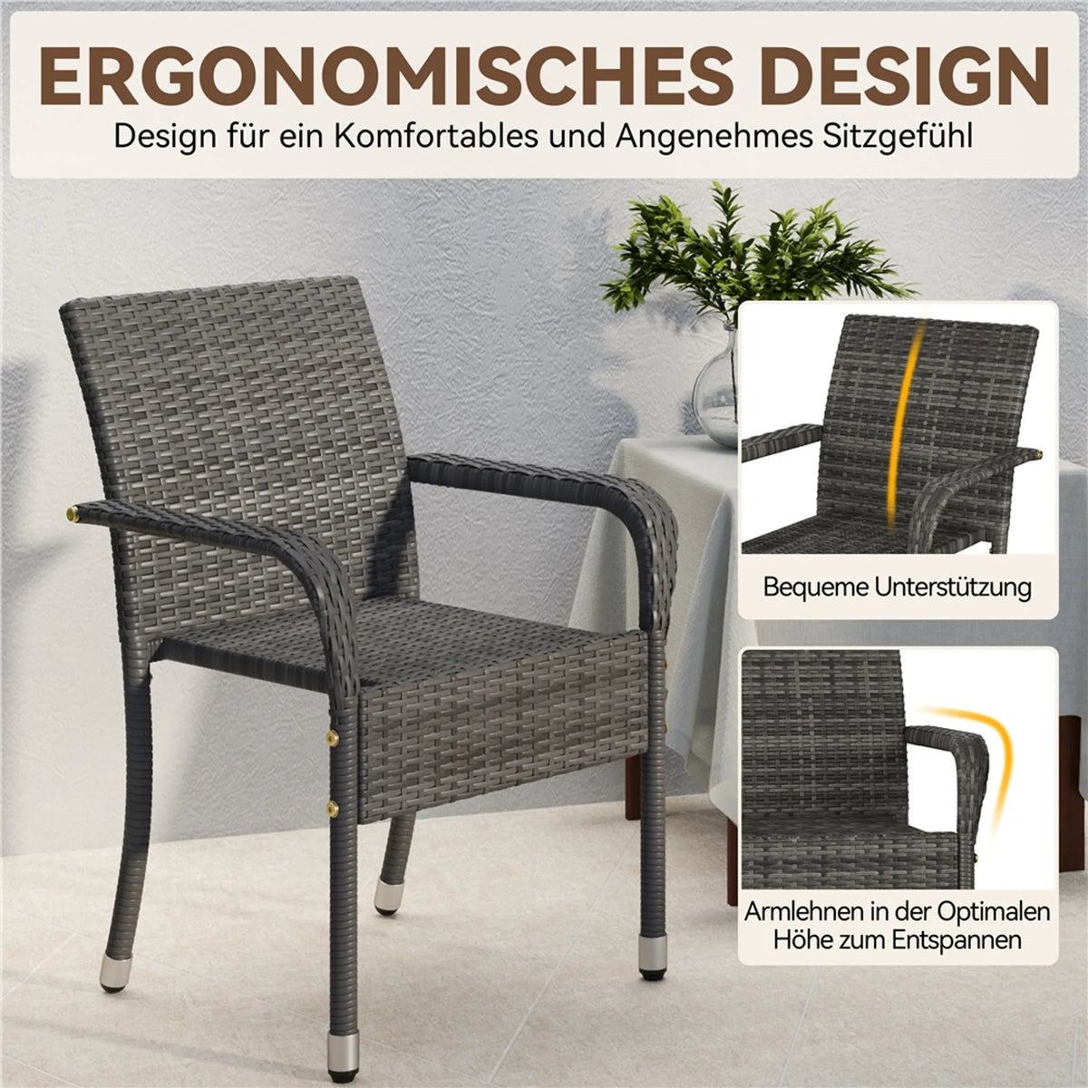 Yaheetech 2er-Set stapelbare Gartenstühle aus PE-Rattan, 58 x 58 x 84 cm – stilvolles Grau – Rattan und Metall