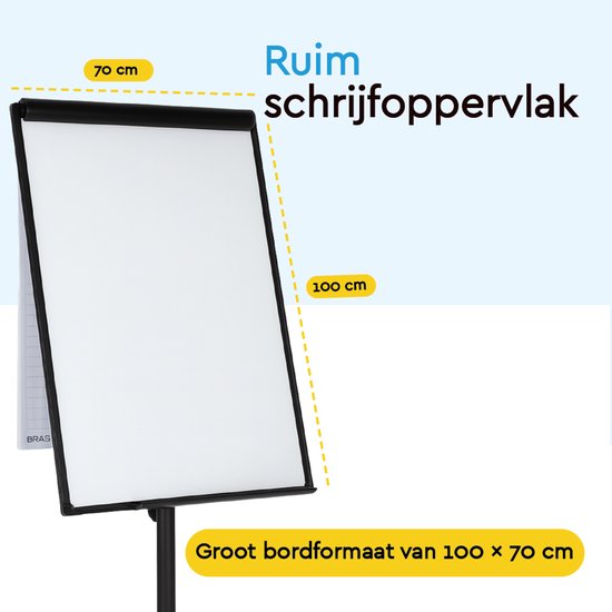 BRASQ Flipchart Mobile - 70x100 cm - Verstellbares Whiteboard - Inklusive 25 Blatt Papier, 4 Marker, 8 Magnete, Radiergummi - Flipchart mit Papierklammer und Haken - Magnettafel - Magnettafel - Schwarz