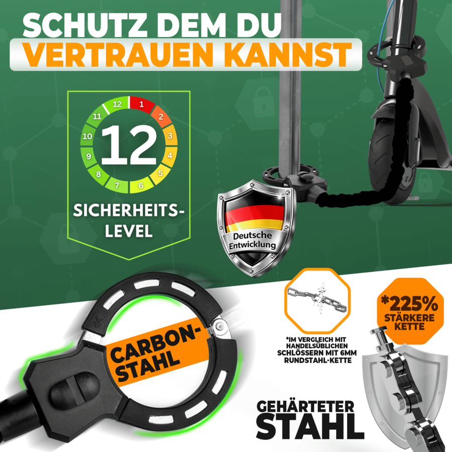 Robustes E-Scooter- und Fahrradschloss mit 14-mm-Kette aus Hartstahl – 60 cm – Handschuhschloss – inklusive Halterung und 3 Schlüsseln