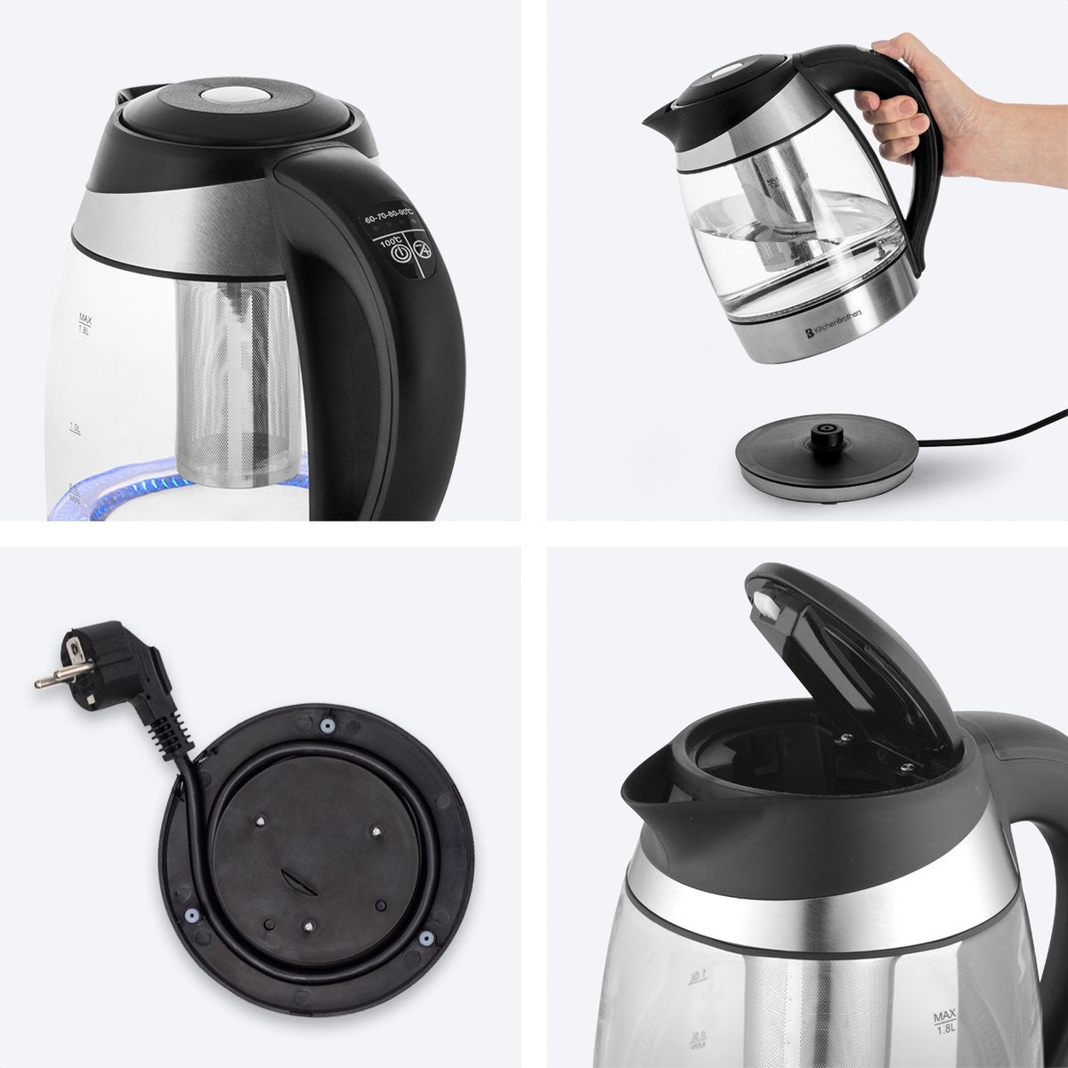 KitchenBrothers Elektrischer Wasserkocher - 1,8L - Temperaturregelung - Warmhaltefunktion - mit Teefilter - 2200W - 1,8L - Glas - Edelstahl