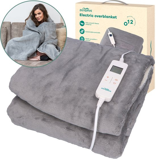 Zenwave Heizdecke 180x130cm - Waschmaschinenfeste Wickeldecke Grau - 10-stufige Wärmedecke - Ultraweiches Fleece-Wärmeplaid - Heizdecke - Camping & Outdoor - 1 Person