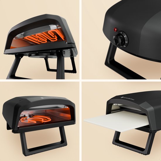 KitchenBrothers Pizzaofen - Elektrisch - Tischmodell - PFAS-frei - Zusammenklappbar - Pizzastein - Pizzabäcker - Pizzaofen für draußen und drinnen - Schwarz/Grau
