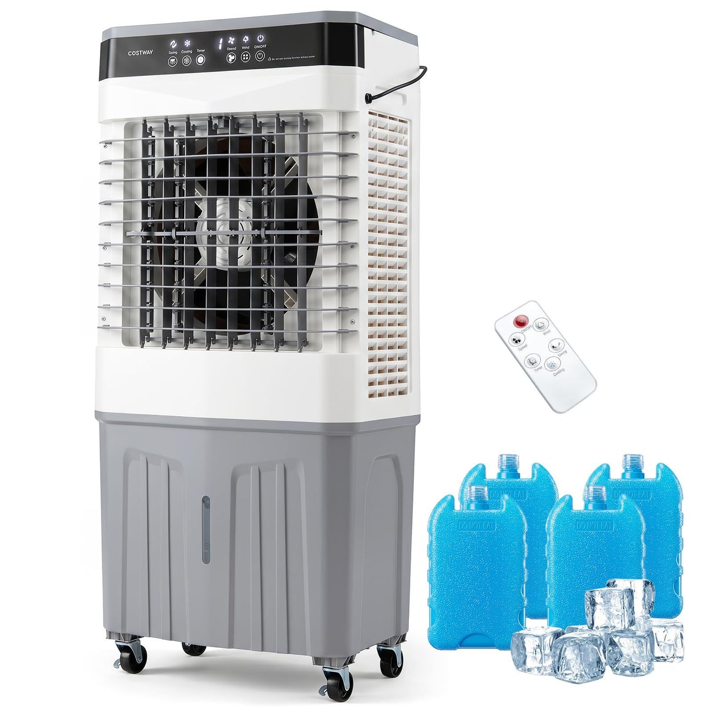 Coast tragbarer Ventilator und Luftkühler mit Fernbedienung – 27 l Wassertank – 3 Geschwindigkeitsstufen – 49 x 31 x 109 cm – Weiß/Grau