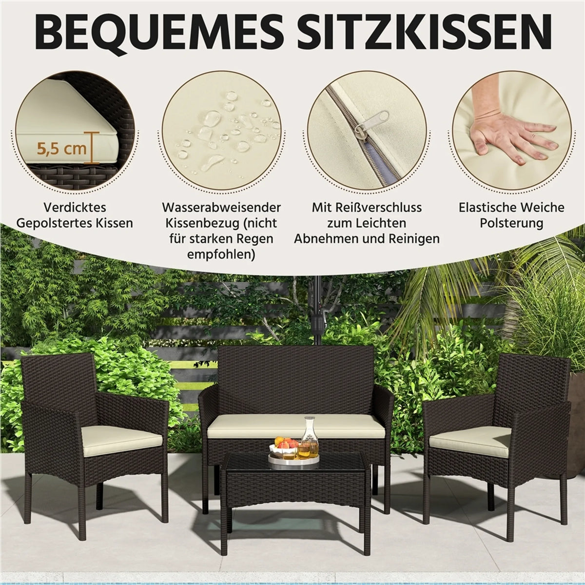 Yaheetech Polyrattan-Lounge-Set, 4-teilig – 2-Sitzer-Sofa und 2 Sessel mit Glastisch – 100 x 59,5 cm – Braun mit beigen Kissen