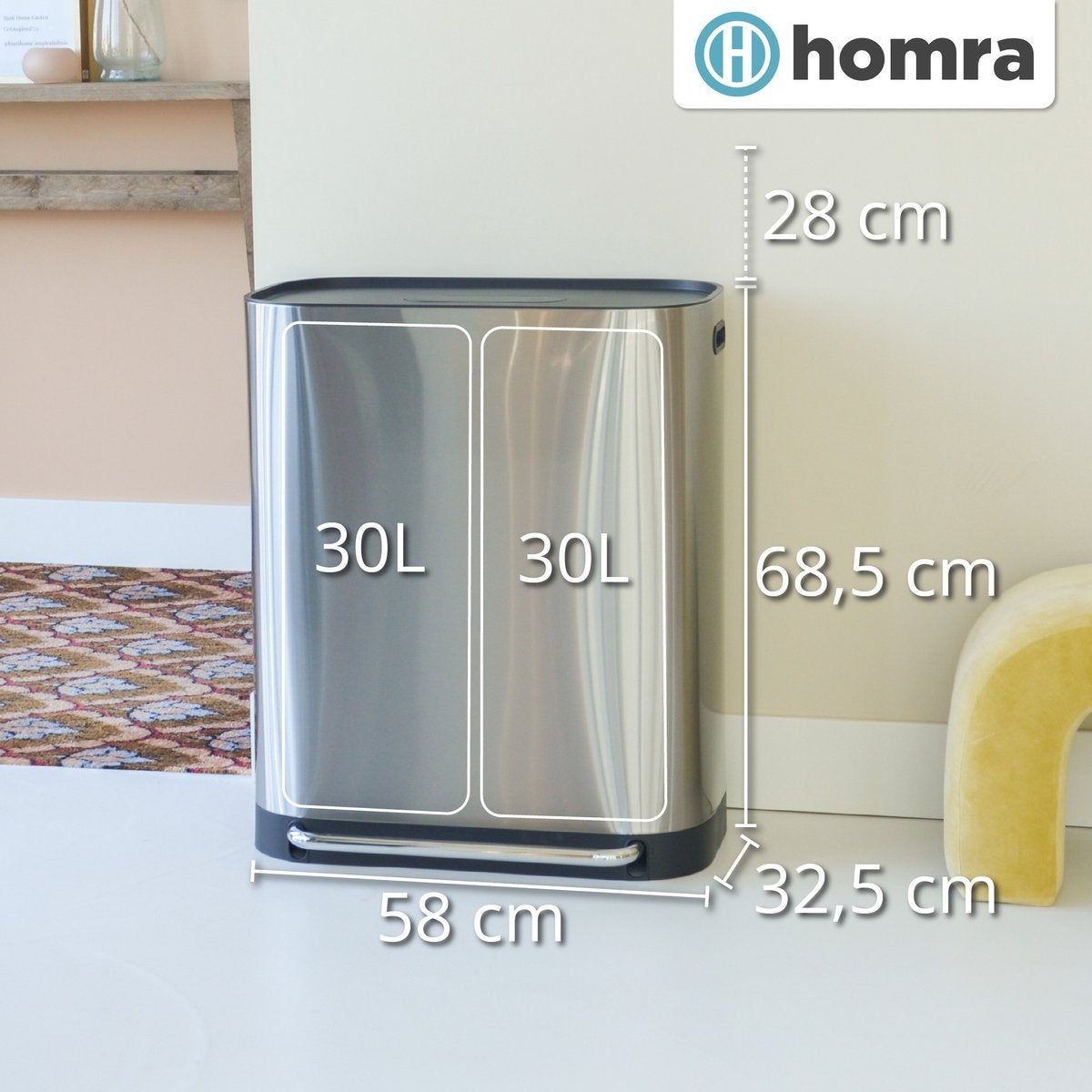 Doppelmülleimer 2x30L Homra Rockx - Duo-Treteimer 60L mit Geruchsfilter - Edelstahl Mülltrennung Mülleimer 2 Fächer - Recycling Mülleimer - Mülleimer Küchenabfalltrennung - Abfalleimer - Edelstahl matt