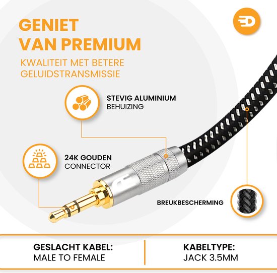 Drivv. Premium AUX-Verlängerungskabel - 5 Meter - Klinkenstecker auf 3,5 mm Buchse - Audio-Verlängerungskabel - Klinken-Verlängerungskabel - Nylon