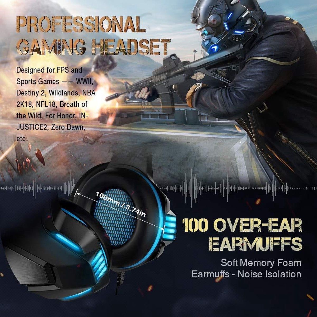 Hunterspider V3 Gaming-Headset - Schwarz/Blau - Geeignet für PS4, Xbox One & Windows