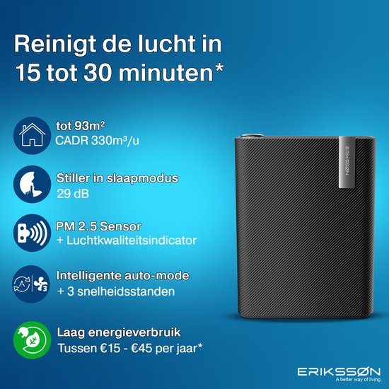 ErikssÃ˜n Luftreiniger mit Luftbefeuchter - Luftreiniger - 330 m3/h - Wirkt gegen Hausstaubmilben, Heuschnupfen, Allergie, Staub - Mit Hepa-Filter - 3 Modi + Schlafmodus - Luftqualitätsanzeige - Saubere Luft