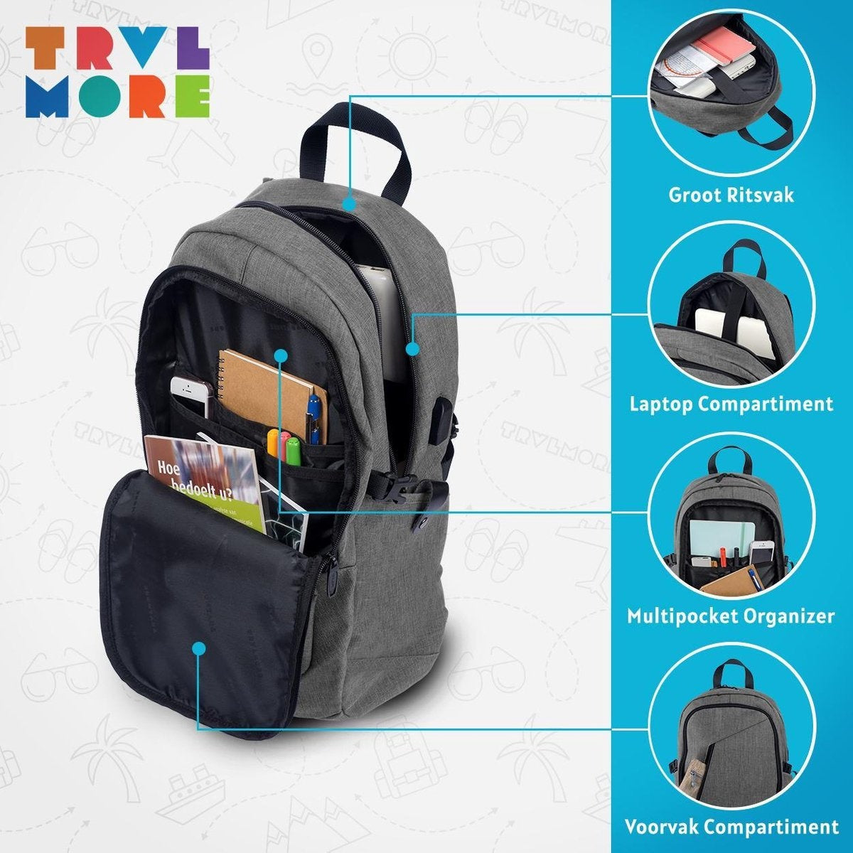 TRVLMORE Rucksack - 25L - 15.6 Zoll - Laptop-Rucksack - Schultasche - Unisex - Spritzwassergeschützt Grau