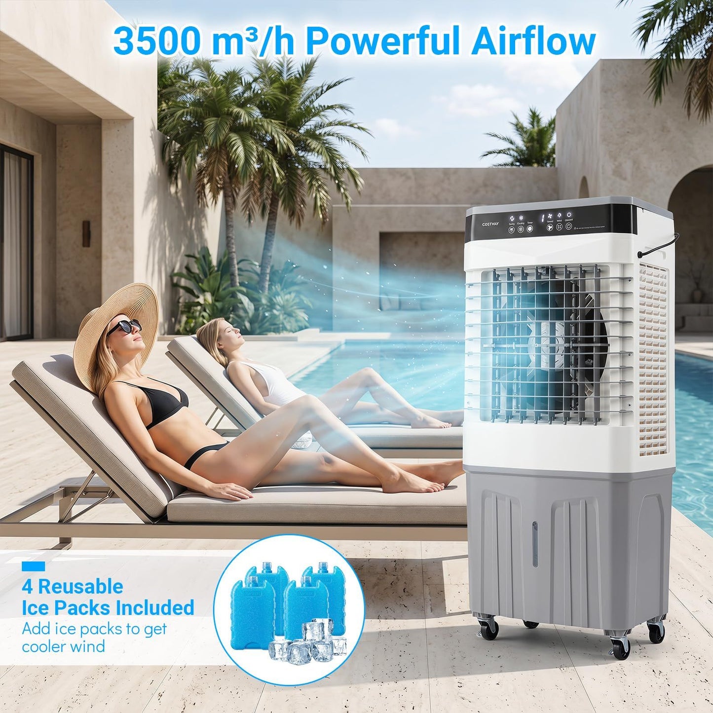 Coast tragbarer Ventilator und Luftkühler mit Fernbedienung – 27 l Wassertank – 3 Geschwindigkeitsstufen – 49 x 31 x 109 cm – Weiß/Grau