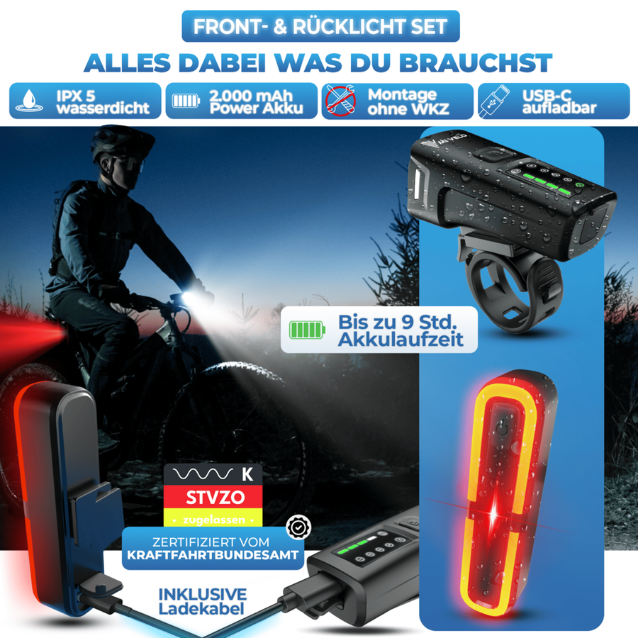 Smart-Ultimate Fahrradlicht-Set - LED - 100 Lux - Bremslicht - USB - Schwarz