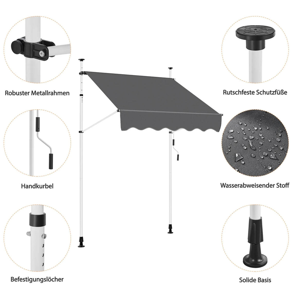 Yaheetech Klemmsonnenschirm mit Handkurbel - mit höhenverstellbaren Teleskopstangen und wasserabweisendem Tuch und Schutzfüßen - für Balkon und Terrasse - dunkelgraues Polyester und Metall - 150 x 180 x 210-300 cm