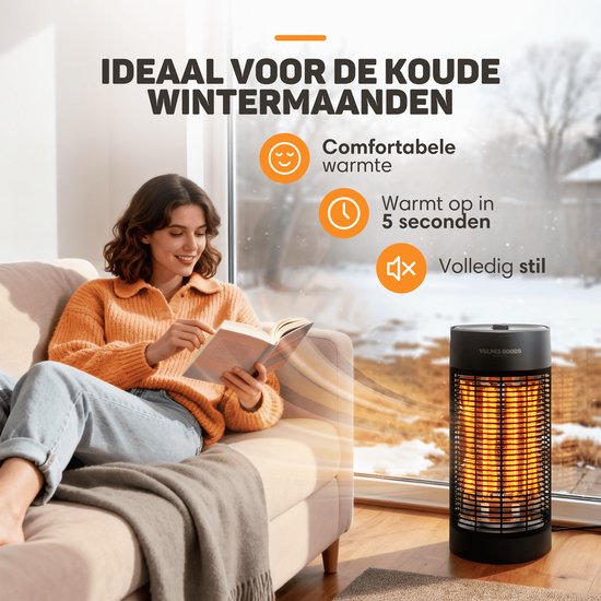 Vulpes Goods® Tech - Infrarotheizung - Elektroofen - Infrarotheizung - Heizung - Zusatzheizung für drinnen und draußen - 1200W - 120°/360° Rotation - 2 Wärmestufen - Kompakt & Tragbar - Geräuschlos - IPX4 Wasserdicht - Schwarz