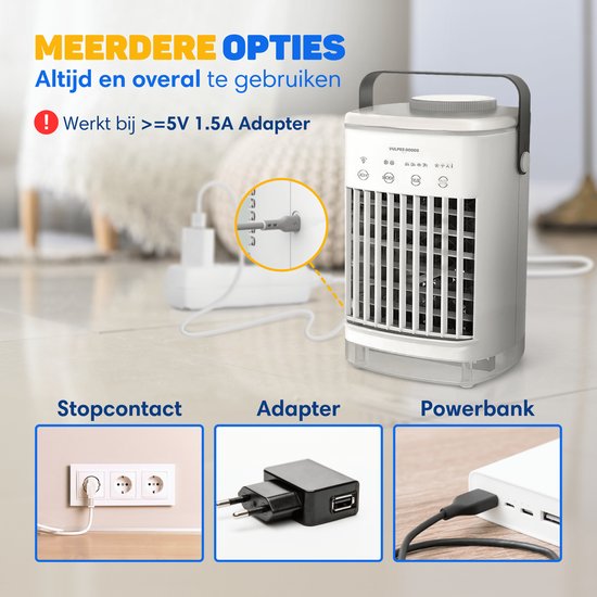 Vulpes Goods® Tech Mini Airco PRO Mobiles Klimagerät - Luftkühler 4in1 - Tischventilator - 4 Windgeschwindigkeiten - 2 Befeuchtungsmodi - Timer - Auslaufsicher - Weiß