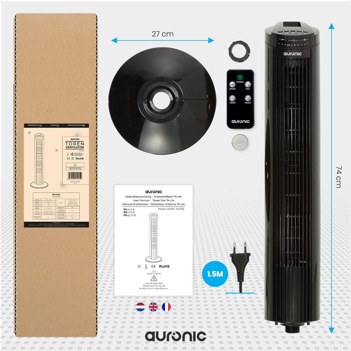 Auronic Tower Fan - Standventilator mit Fernbedienung - Timer - 50W - 45dB - 74cm - Schwarz