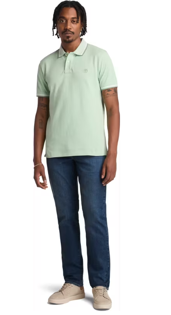 Timberland Oyster River Tipped Collar Polo Men - Größe L - Cameo Green - Slim Fit - Rückenlänge 70,5 cm - Gewicht 245 g/m²