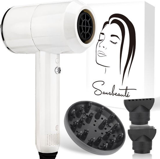 Sansbeauté® Haartrockner mit Diffusor - Ionen-Haartrockner - Bürste - Reisehaartrockner - 3 Aufsätze - Locken - Coolshot - 3 Stufen - Haartrockner mit Diffusor - Haartrockner - 2000W - Weiß