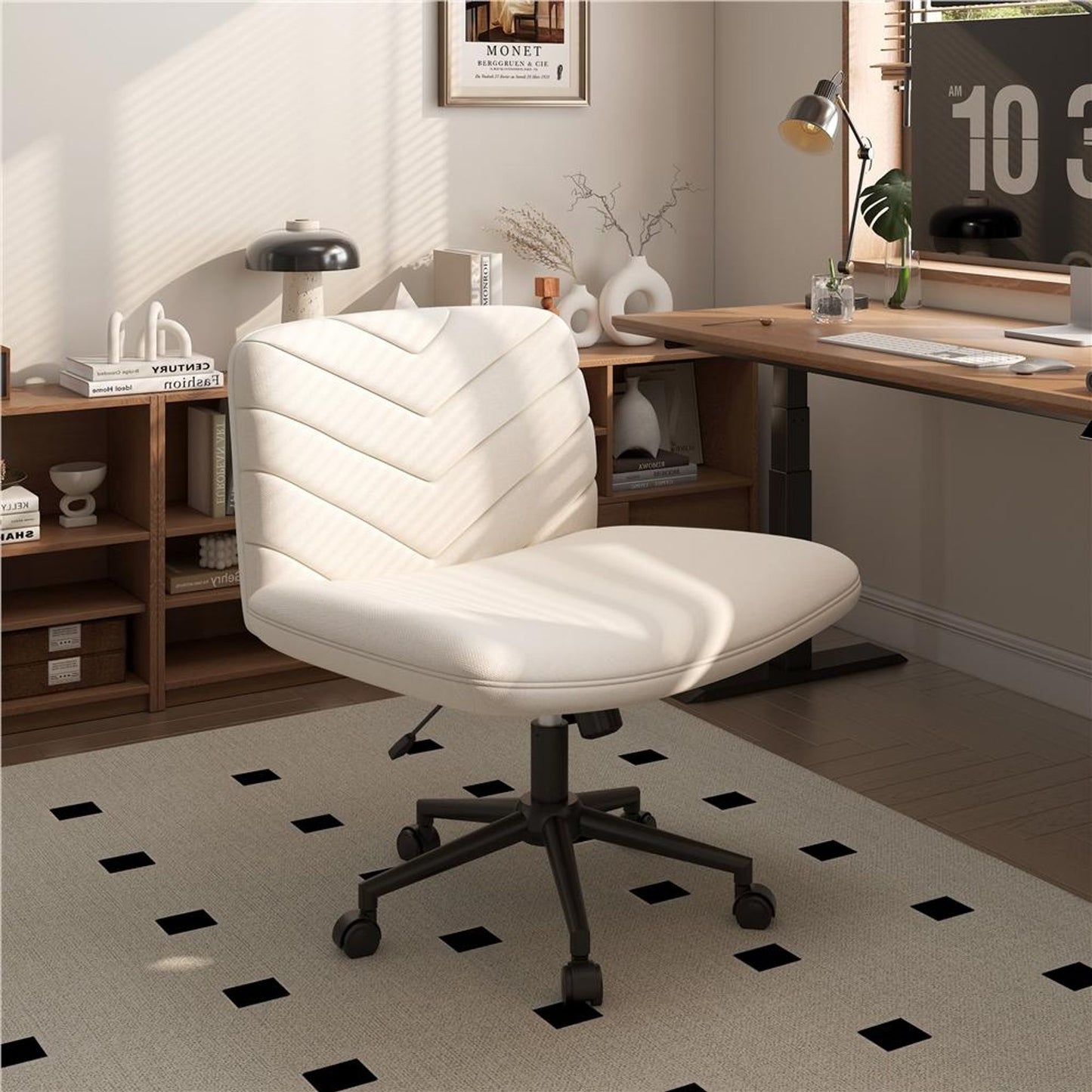 Yaheetech Bürostuhl mit breiter Sitzfläche – Ergonomischer Drehstuhl mit Rückenlehne – Höhenverstellbar – 66 x 64,5 x 82–91,5 cm – Beige
