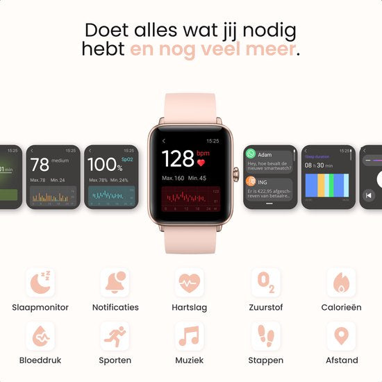 MAOO BOOST Smartwatch - Inkl. Bildschirmschutz - Wasserdicht - Smartwatch Damen Rose Gold - Schrittzähler - Uhr - Pink