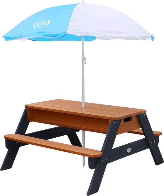 AXI Nick Zand & Water Picknicktisch in Anthrazit/Braun – mit Sonnenschirm in Blau/Weiß – Multifunktionaler Picknicktisch aus FSC-zertifiziertem Holz – Picknicktisch für Kinder aus Holz
