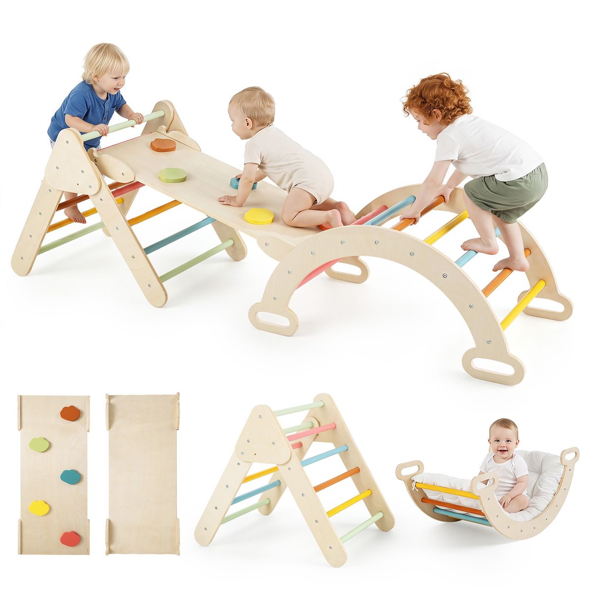 Coast Montessori Klettergerüst aus Holz – 3-in-1-Spielset mit Kletterdreieck, Kletterbogen und Rutsche – farbenfroh