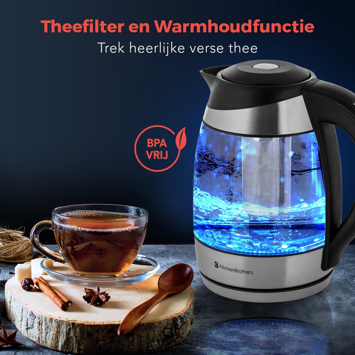 KitchenBrothers Elektrischer Wasserkocher - 1,8L - Temperaturregelung - Warmhaltefunktion - mit Teefilter - 2200W - 1,8L - Glas - Edelstahl