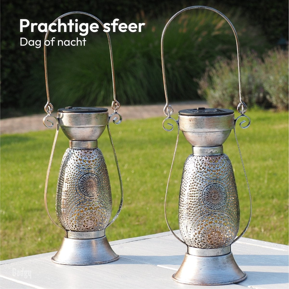 Gadgy Solar-Tischlampe Petroleum - 2er-Set aus Metall - Solar-Gartenleuchte - Led-Außenleuchte mit Tag/Nacht-Sensor - Tischleuchte - Hängelampe - Gartenlaterne - 21 x Ã˜11,5 cm
