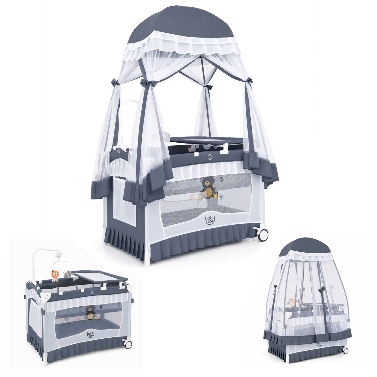 Coast Klappbares Babybett – 4-in-1-Babybett mit Wickeltisch und Spieluhr – grau
