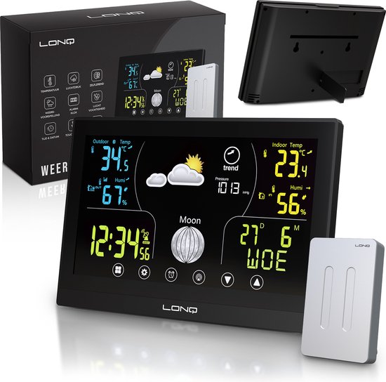 LONQ Innen- und Außenwetterstation Q3 - inkl. Batterien - Funkwetterstation mit Außensensor - Thermometer Hygrometer - Touchscreen Farbdisplay - DCF-gesteuerte Uhr