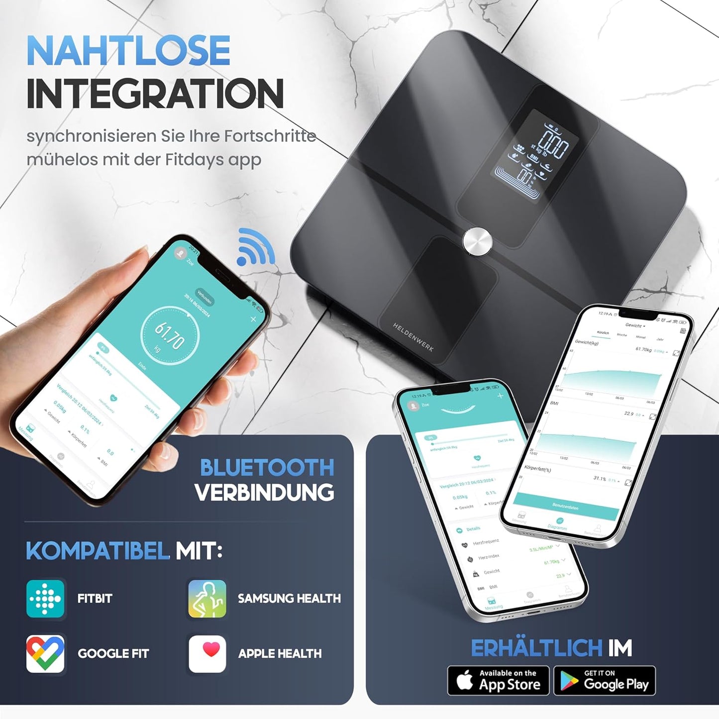 Heldentum Waage - Digital - 180KG - Bluetooth - 32.9x31.2x4.7cm