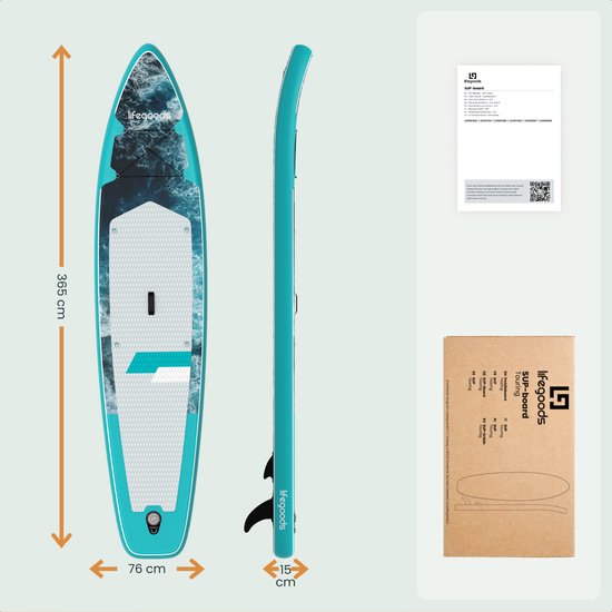 LifeGoods SUP Board Touring - 165 KG Belastbarkeit - 365 x 76 cm - Aufblasbar - Komplettes SUP Paket - Dunkelblau