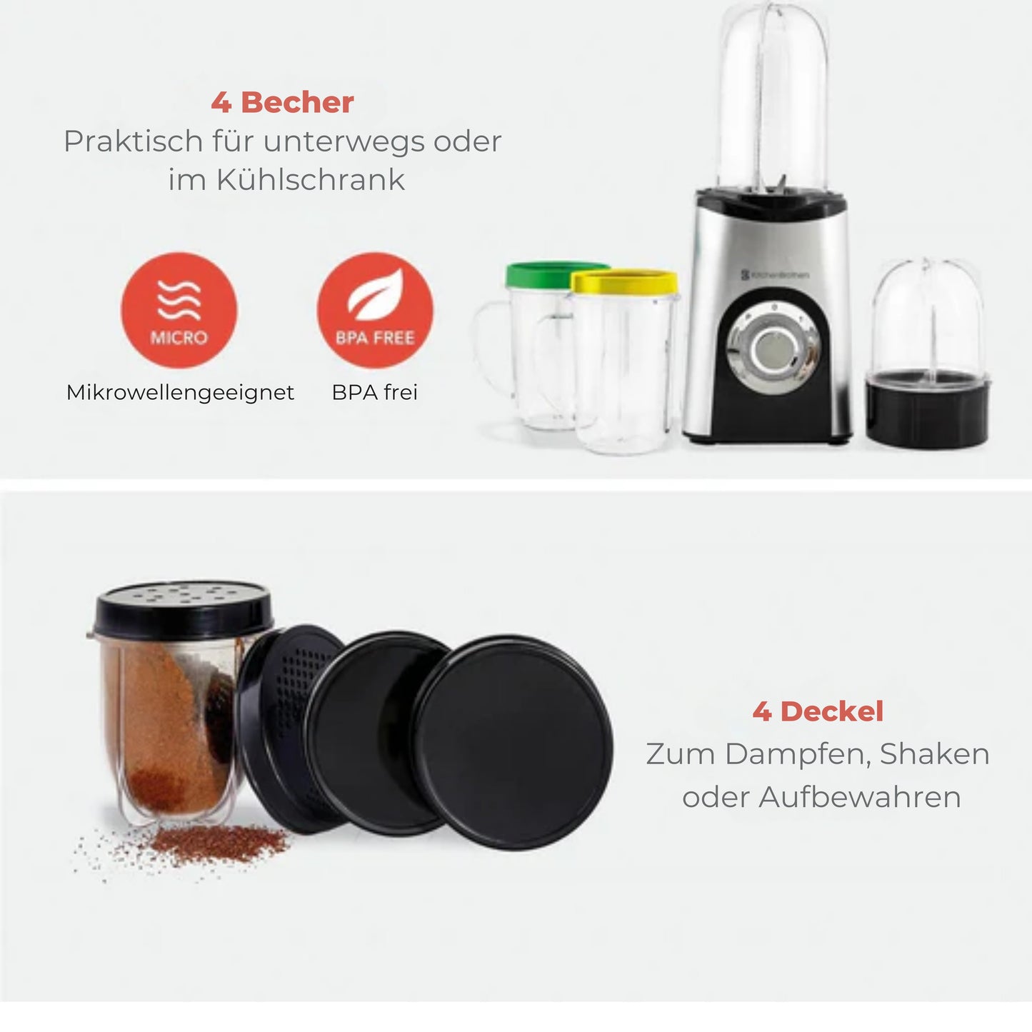 KitchenBrothers Smoothie Mixer - 13-teiliges Set - 4 Becher - To Go - 350W - Edelstahl