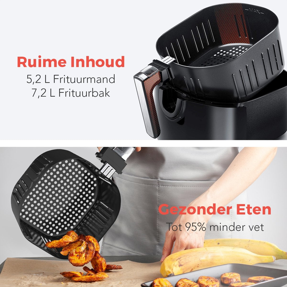 KitchenBrothers Airfryer XXL - Heißluftfritteuse XL - 1890W - 7.2L - Schwarz
