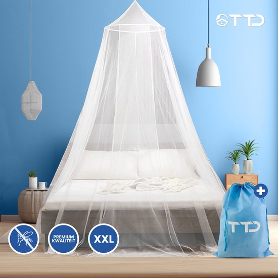 TTD® Hochwertiges XXL Moskitonetz 2 Persoons mit Reisetasche - Polyester - Waschbar in der Waschmaschine - Moskitonetz 1 Persoons - Moskitonetz Baby - Moskitonetz - Moskitonetz - 65 x 250 x 1250 cm - Inklusive Ring und Montageset