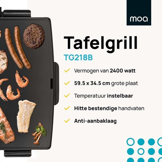 MOA Tischgrill - Griddle - Backblech - Teppanyaki - Elektrisch - 68 x 36 cm - Einstellbarer Thermostat - Antihaftbeschichtung - TG218B - Schwarz
