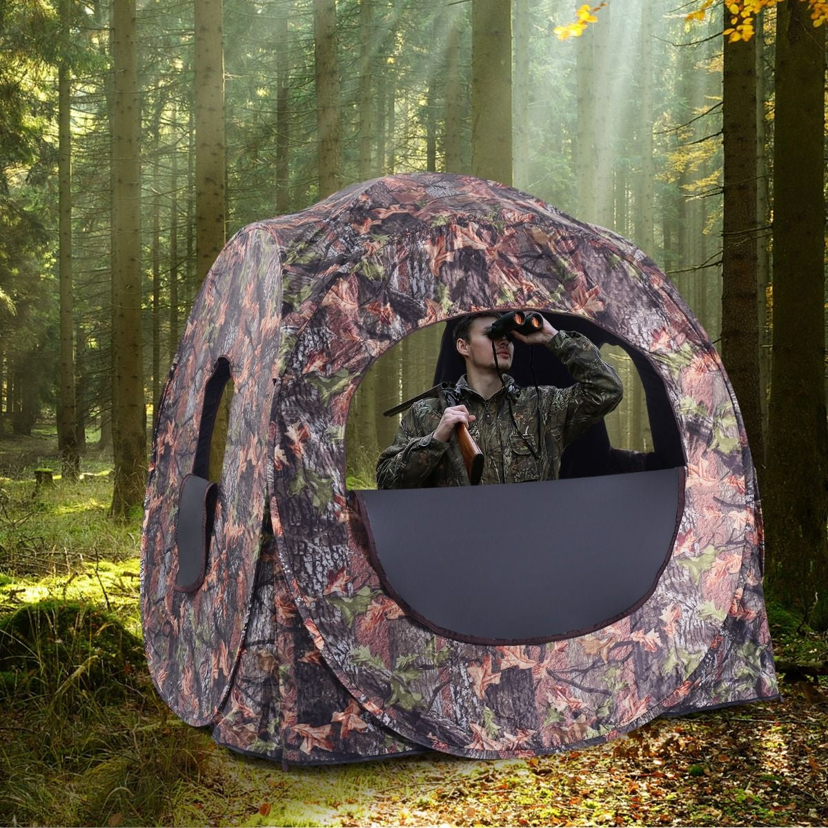 Coast Retractable Jagdhütte für 3 Personen Jagdzelt Stahlrahmen Mesh Fenster Tragetasche Riemen Bodenheringe Camouflage 152 x 152 x 163cm