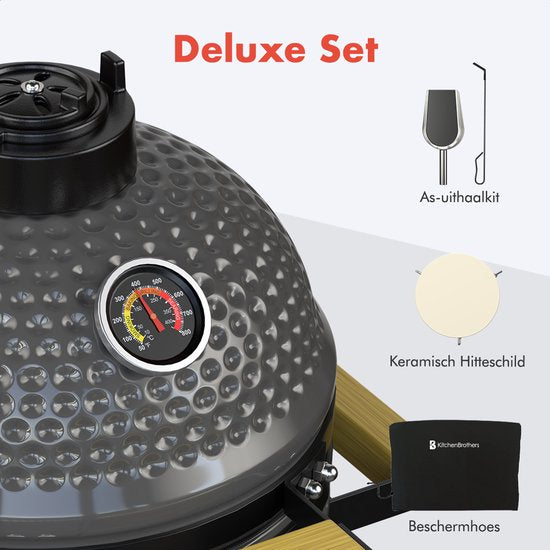 KitchenBrothers Kamado BBQ - 13 Zoll Holzkohlegrill - 27⌀ cm - PFAS-frei - Deluxe Set - Eiergrill mit Zubehör inklusive Abdeckung - Grau