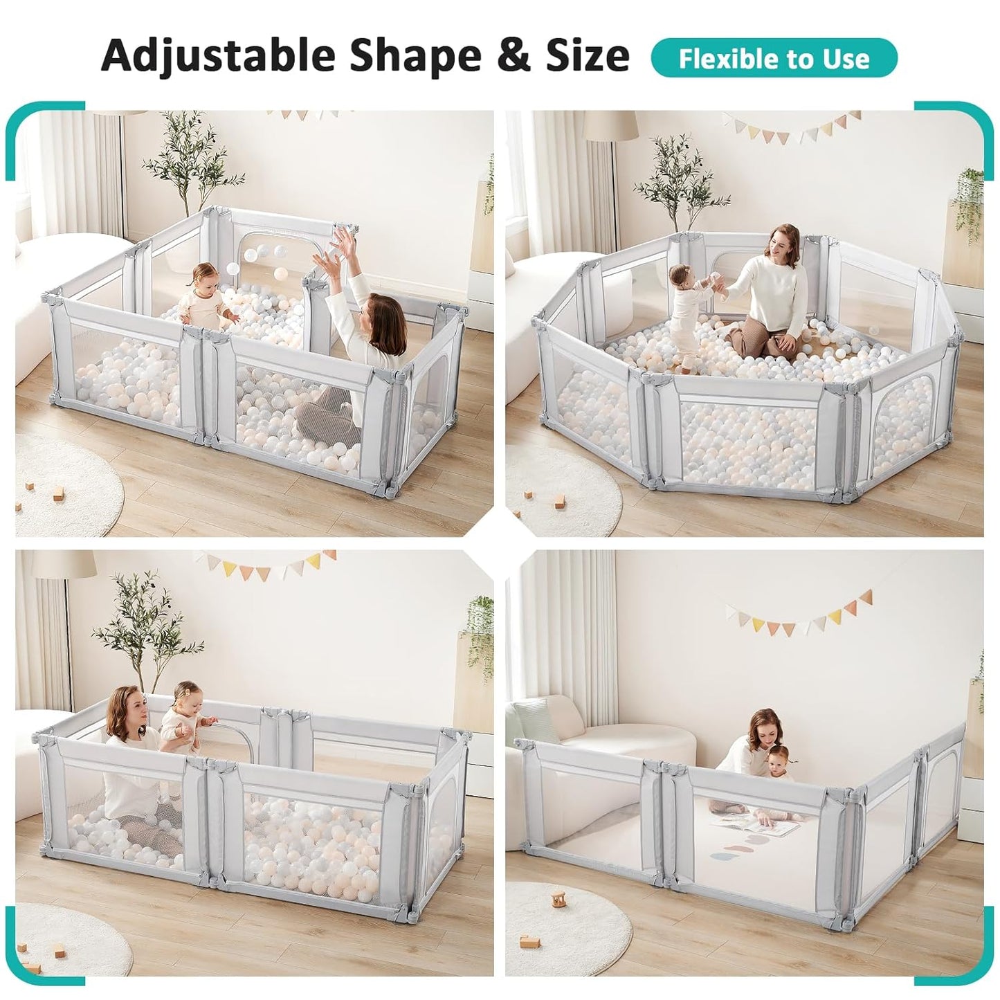 Dora Dotey Babybox Hellgrau – 8 Elemente – 200 x 180 x 69 cm – zusammenklappbar