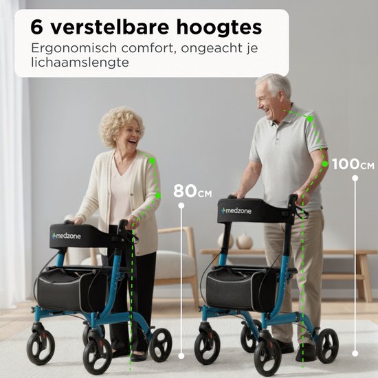 Medzone Rollator leicht und faltbar - Sitzfunktion - für drinnen und draußen - Rückenlehne und Gehstockhalterung - blau