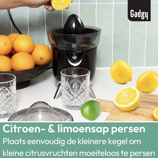Gadgy Elektrische Zitruspresse – Orangen- und Zitronenpresse mit Ausgießer – Entsafter mit 2 Presskegeln – Tropfschutz – Rutschfest – 100 W – Schwarz – Spülmaschinenfest