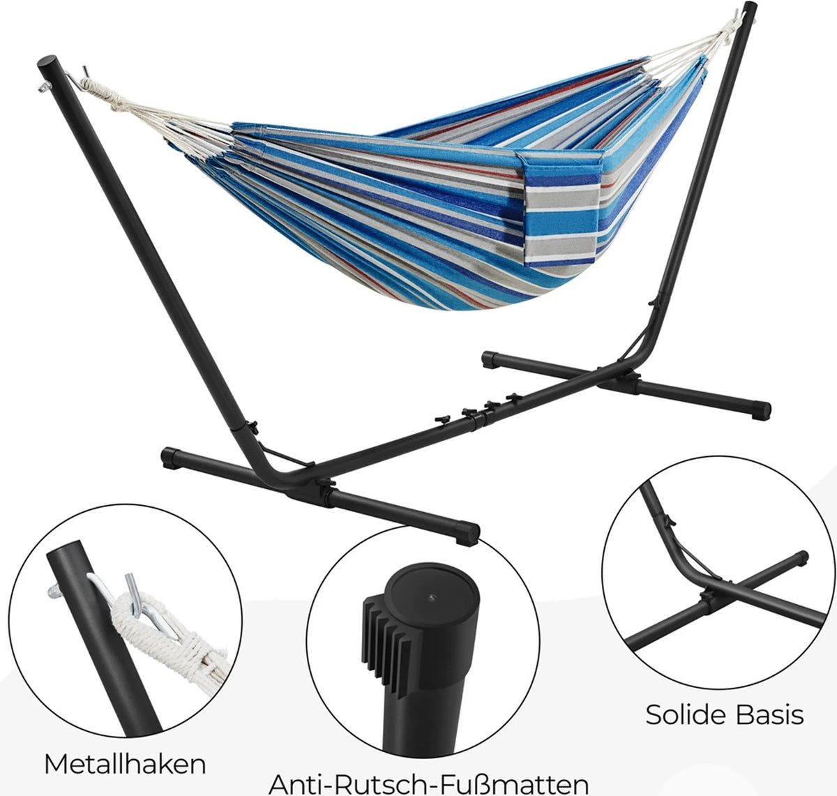 Camping-Hängematte mit Ständer für 2–3 Personen, verstellbar von 294 bis 314 cm, blau