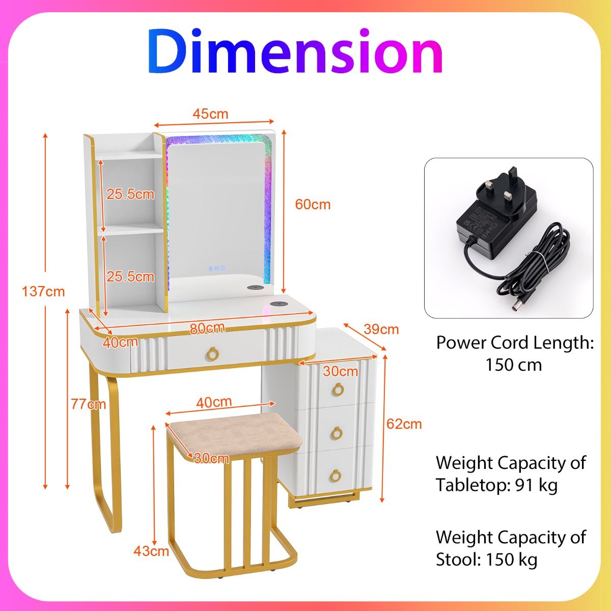 coast Schminktisch-Set mit Spiegel 80×40×137 cm - Weiß - LED mit 7 dynamischen & 7 statischen Modi - Kabellose Ladestation & USB/Type-C - Inklusive Hocker