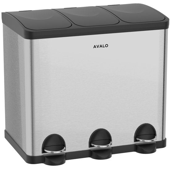 Avalo Mülleimer Abfalltrennung 60 Liter - Edelstahl Silber - 3 Fächer - Umweltbewusst, Hygienisch & Fingerabdruckfrei - Treteimer / Mülleimer