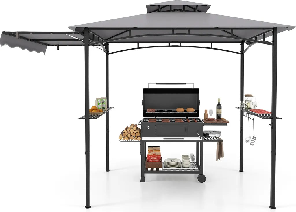 Coast wetterfester Grillpavillon 318 × 153 × 250 cm – Grillüberdachung mit Seitenmarkise, Doppeldach, Seitentischen, Haken und Flaschenöffner – Grau/Schwarz