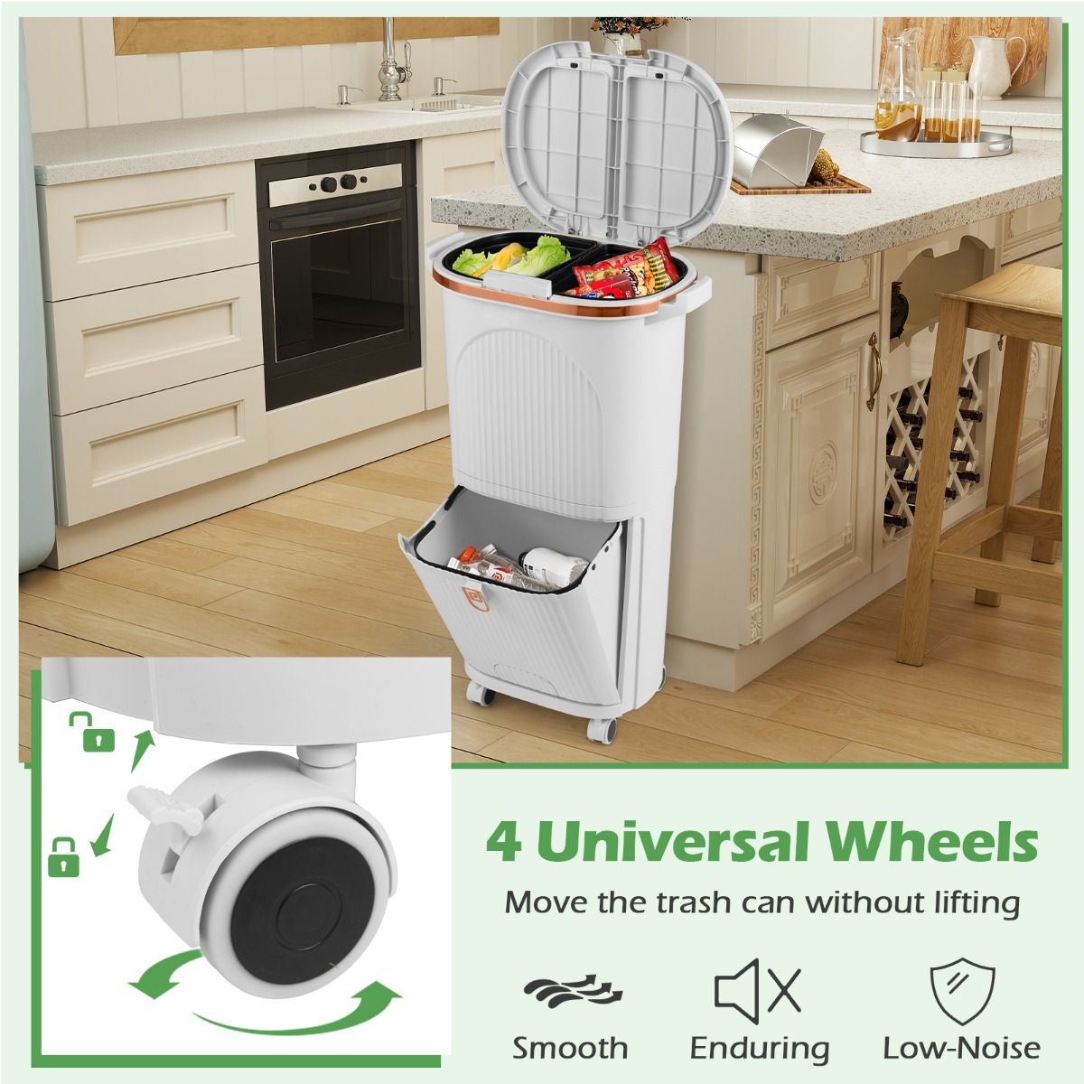 Coast Abfallbehälter 38 Liter mit Deckel – Zweistufiges Abfalltrennsystem – Pedal und Rollen – Weiß – 43 x 29 x 74,5 cm
