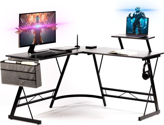 Gadgy Game Desk Carbon PRO - Gaming-Eckschreibtisch 130 CM breit - Gaming-Schreibtisch mit Carbon-Details - Gaming-Schreibtisch L-Form mit Kopfhörerhalter, Bildschirmerhöhung & Ablagekorb - Level Up with Gadgy - Black Carbon