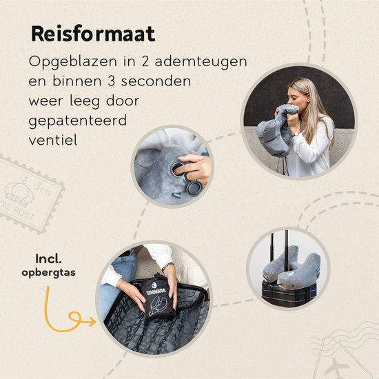 TRAVARA Aufblasbares Nackenkissen – The Airsnoozer – Reisekissen – Für Flugzeug und Auto – Mit Ohrstöpseln – Nackenkissen – Grau