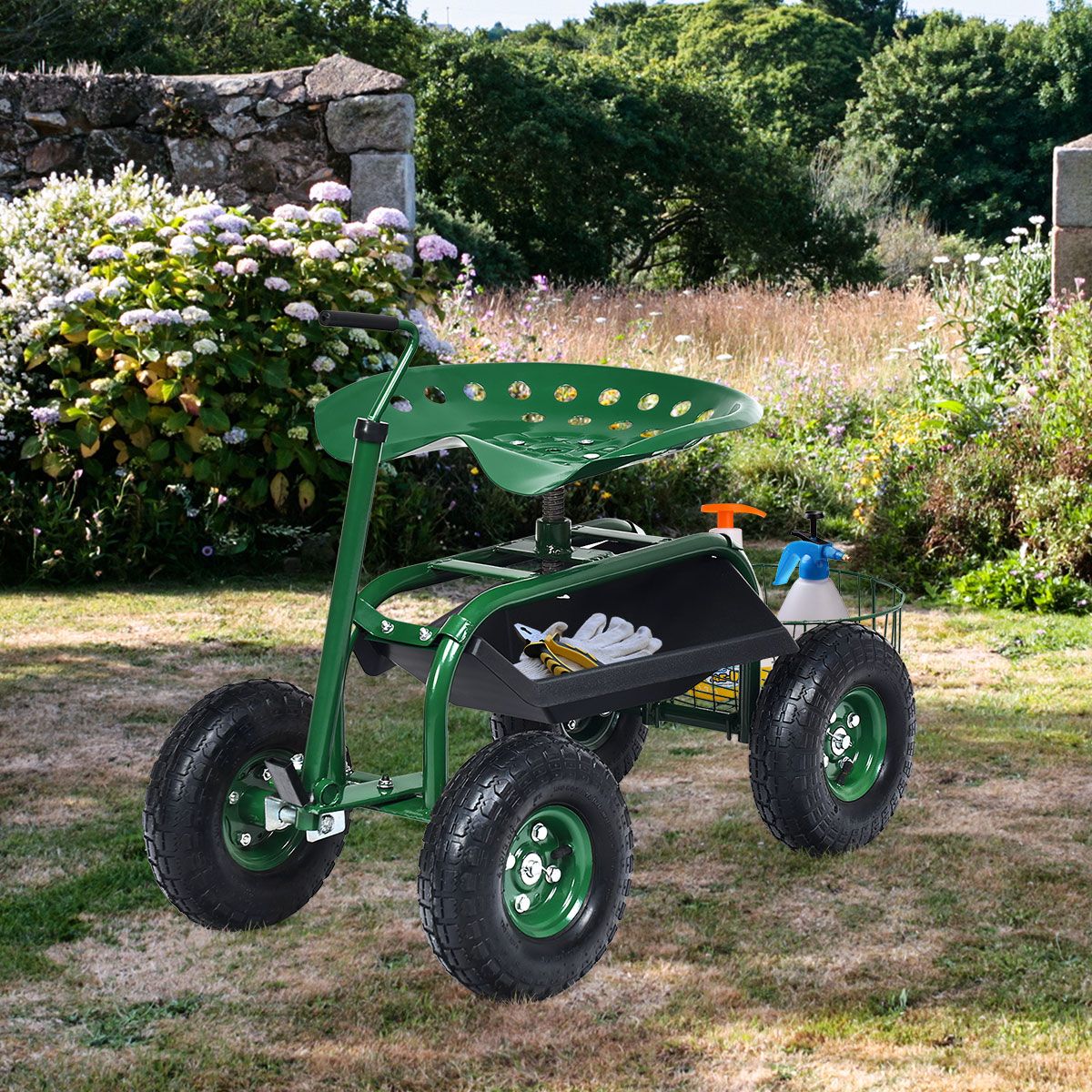 Coast Gartenwagen mit Aufbewahrungskorb – höhenverstellbarer Griff – ergonomischer Sitz – grün